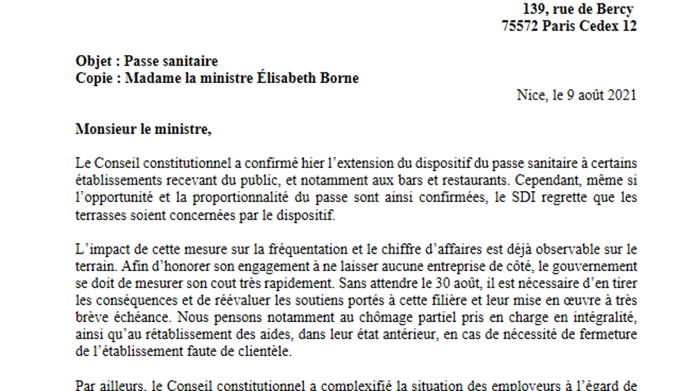 Lettre de la SDI  adressée aux ministres Alain Griset et Elisabeth Born.
